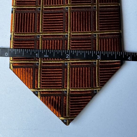Ermenegildo Zegna Silk Tie Brown Copper Gold Geometric Grid Made in Italy - Picture 7 of 9